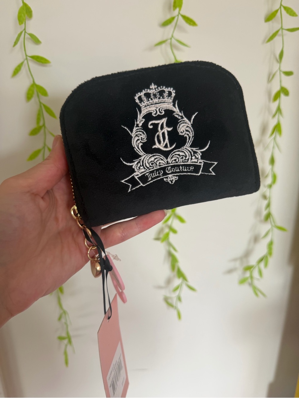 Juicy Couture Black Velvet Coin Pouch with White Crest Embroidery